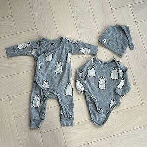 Monica + Andy Penguin Bodysuit and Kimono, hat, 0-3 months. Excellent condition!